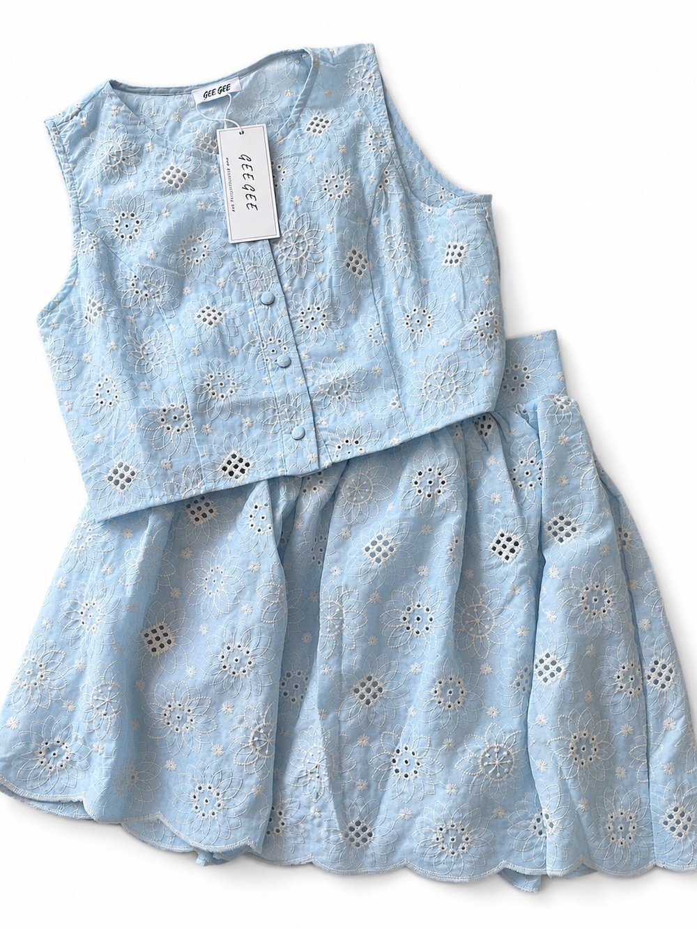 Womens GeeGee Light Blue Eyelet Two-Piece Dress Set